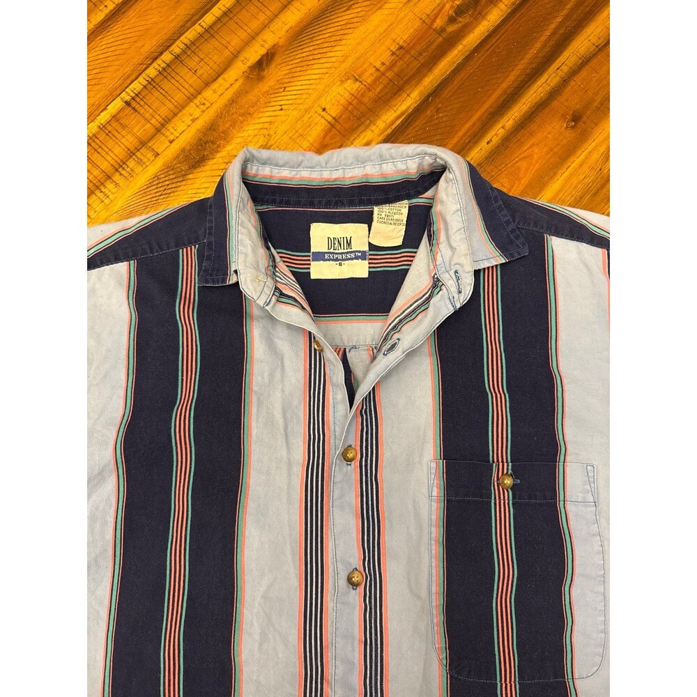 Vintage Express Denim Button Up Shirt Mens S Blue Stripe 90s Y2K Oversized Baggy